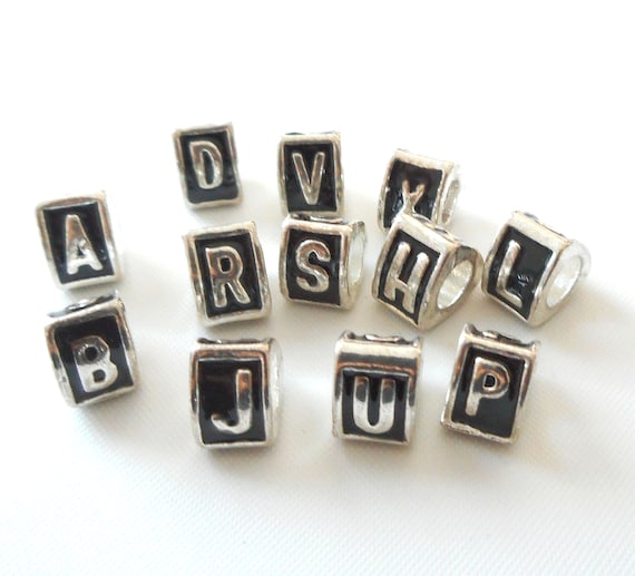 Pick Letter-26 Alphabet Letters-3 Sides Antique Silver Charm beads,big Hole Metal Beads