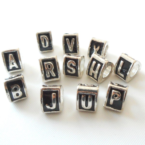 Pick Letter-26 Alphabet Letters-3 sides antique silver charm beads,big hole metal beads