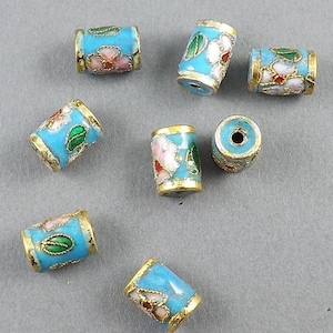 8pcs-11mmx7mm Light blue pink Cloisonne floral tube beads image 1