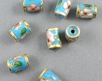 6 Stück-11mmx7mm Hellblau-rosa Cloisonne floral Tube Perlen