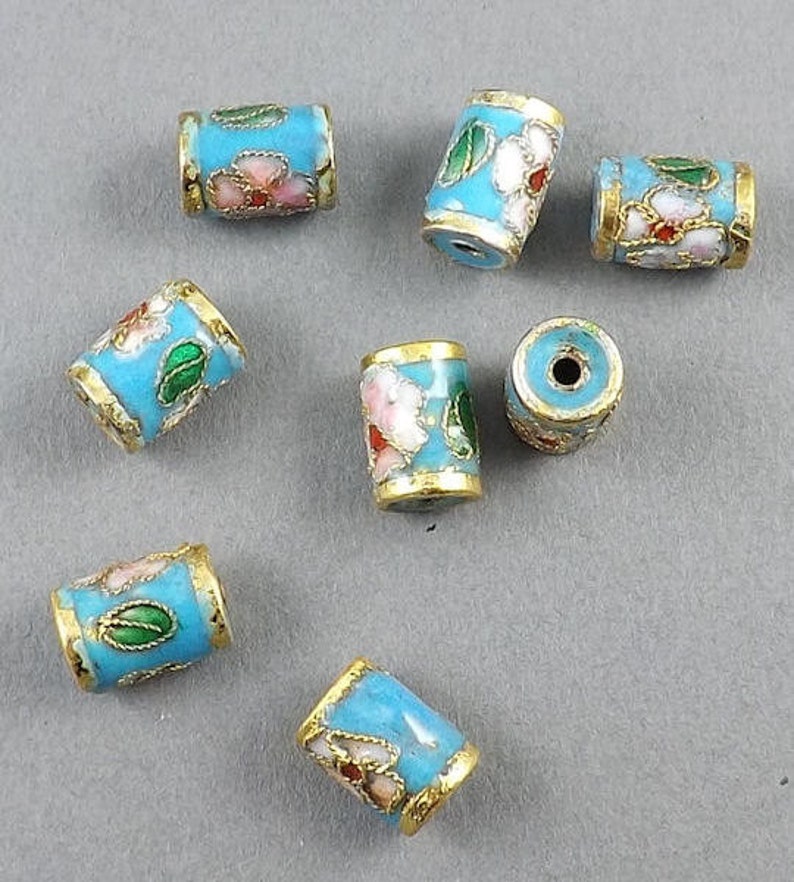 8pcs-11mmx7mm Light blue pink Cloisonne floral tube beads image 1