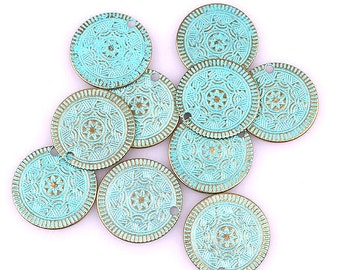 4pcs-2 sided details-1" Vintage turquoise green tone brass coin charm