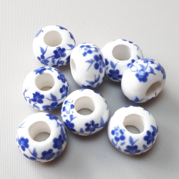 6pcs-5mm big hole rondelle beads, blue white porcelain beads,pretty flower Art Porcelain,ceramic European style beads