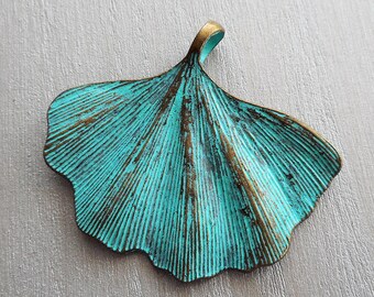 1pc-2&quot;X1.75&quot; patina brass ginkgo leaf charm pendant