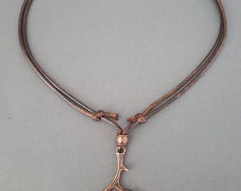 Adjustable 2" red Copper antler charm pendant-Deer Horn charm pendant, Wax Rope handmade necklace