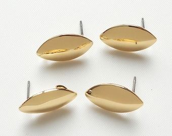4pcs, 2 Pairs Gold tone olive Earring Post w/ 1 loop for Dangling, Gold Earring Findings