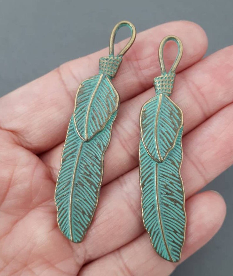 4pcs-2/" Patina brass feather charm pendant patina bronze tone feather charm