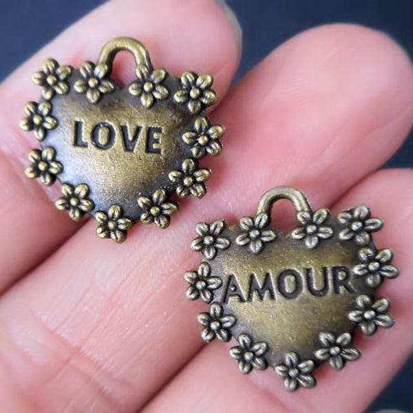 8pcs- brass heart Love charm- Antique brass Amour charm