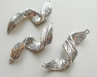 Silver Tone Spiral Leaf Pendant, DIY Earring Charm (2pcs)