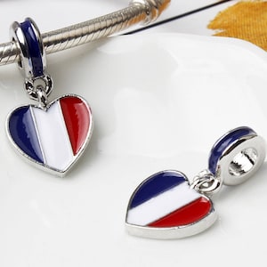 1pc-4mm hole silver tone enamel France Flag Charm, Charm for European bracelet, European beads