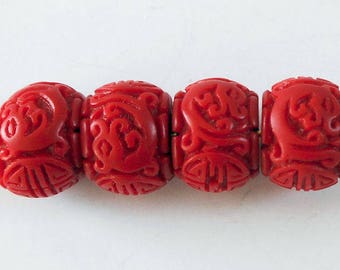 6pcs-Carved Red Cinnabar barrel beads, red Cinnabar spacer beads