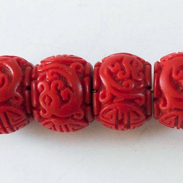 6pcs-Carved Red Cinnabar barrel beads, red Cinnabar spacer beads