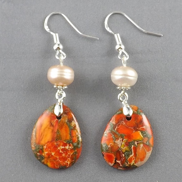 Orange Emperor Jasper gemstone beads,genuine Pearls EARRINGS, P0412