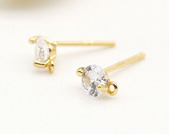 2pcs, 1 Pair-gold plated brass Cubic Zirconia Earring Post w/ 1 loop
