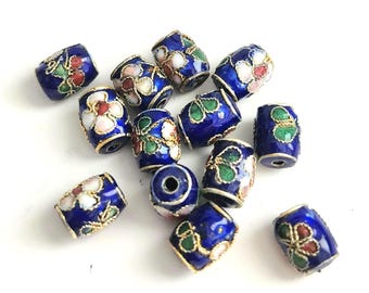 Cloisonne Perlen Königsblau, Gold Floral Emaille Tube Barrel Perlen für die Schmuckherstellung Set von 6