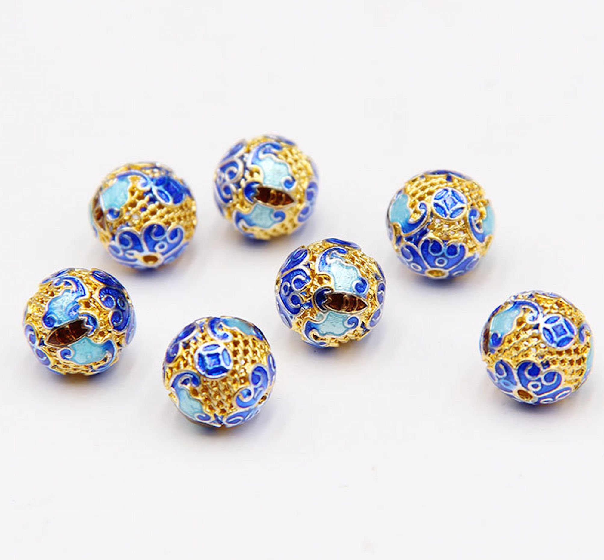 2pcs Metal Vintage Cloisonne Beads Gold Round Ball Flower side blue Pick Size