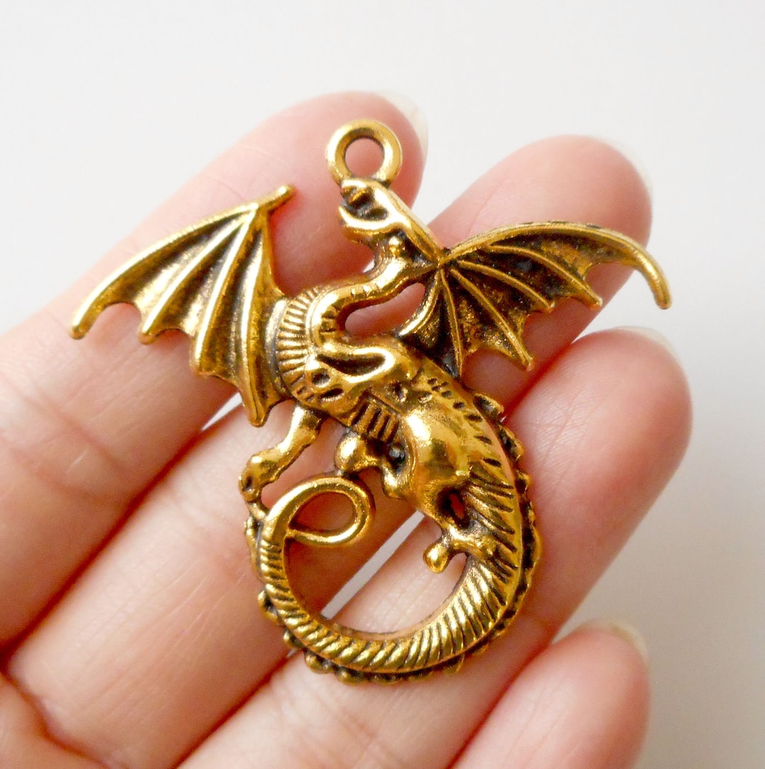 Pendentif Dragon En Bronze Et Laiton - Bleu Et Doré, 4.5 Cm, 7g, Neuf Sans Emballage