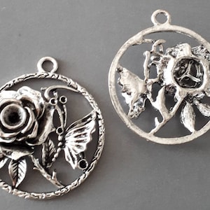 1pc- silver tone rose flower pendant, 3D flower pendant, DIY necklace pendant