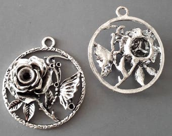 1pc- silver tone rose flower pendant, 3D flower pendant, DIY necklace pendant