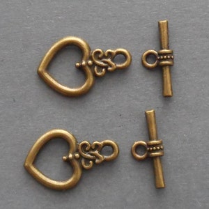 10pcs, 5 sets-brass heart OT toggle-2 sided bronze tone bracelet toggle jewelry findings