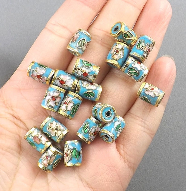 8pcs-11mmx7mm Light blue pink Cloisonne floral tube beads image 2