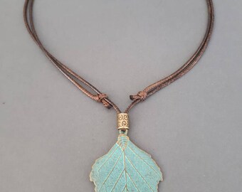 2.75" large Patina Brass Leaf charm Pendant Wax Rope handmade adjustable necklace