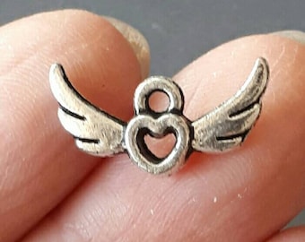 10pcs-silver tone angel wing charm, silver heart Charm, love charm, small bracelet charm