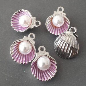 6pcs- Silver Tone Enamel Pink Sea Shell Charm W/ Faux White Pearls-more ...