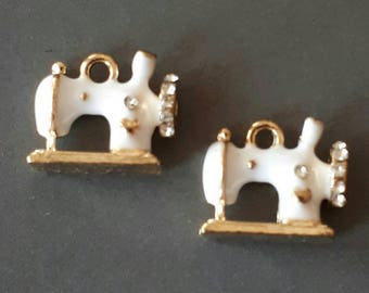 2pcs-gold tone enamel white Sewing Machine charm w/ rhinestone-more colors