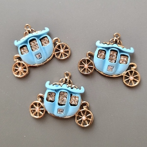 2pcs-36mmX29mm gold tone Blue Pumpkin carriage wagon charm w/ Rhinestone