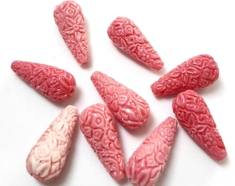 4pcs-carved pink Coral Teardrop beads, pink Coral Earrings beads