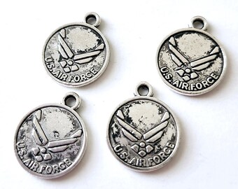 6pcs- 2-sided silver tone US Air Force charm, Military tag charm, Army charm