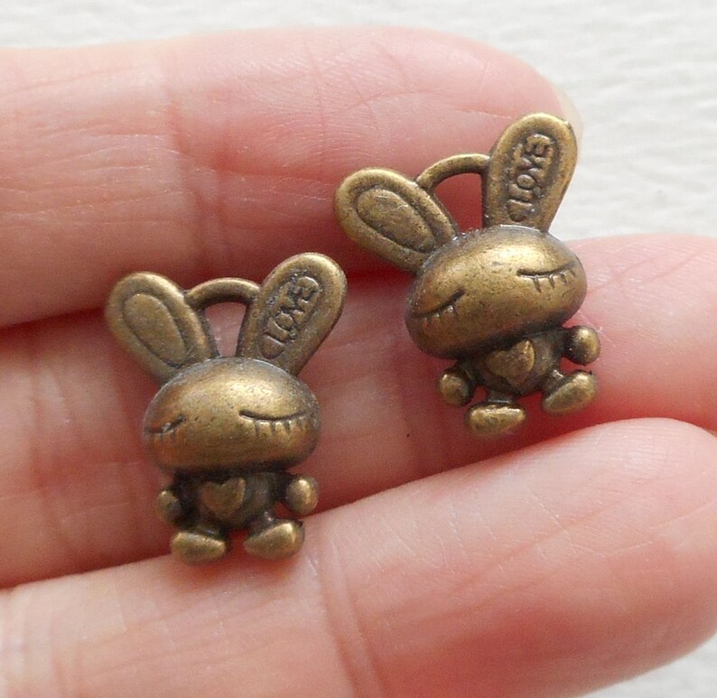 bunny charm w love-silver tone or bronze tone 6pcs-3D rabbit charm