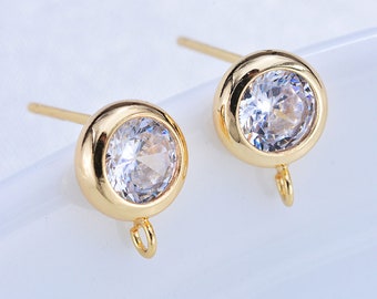 4pcs, 2 Pairs- gold plated brass Cubic Zirconia Earring Post w/ 1 loop 7mm