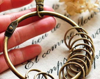 Könnte beinhalten: Ein Schlüsselring aus Messing mit einem großen runden Ring und einem kleineren, daran befestigten Ring mit mehreren kleineren Ringen. Die Ringe sind alle miteinander verbunden und bilden eine Spirale.