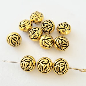 6pcs- gold tone rose flower metal beads, flower space beads, weighted beads
