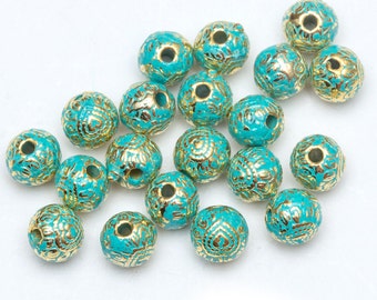 10pcs-7mmX7mm Vintage turquoise green tone brass round beads with heart patterns