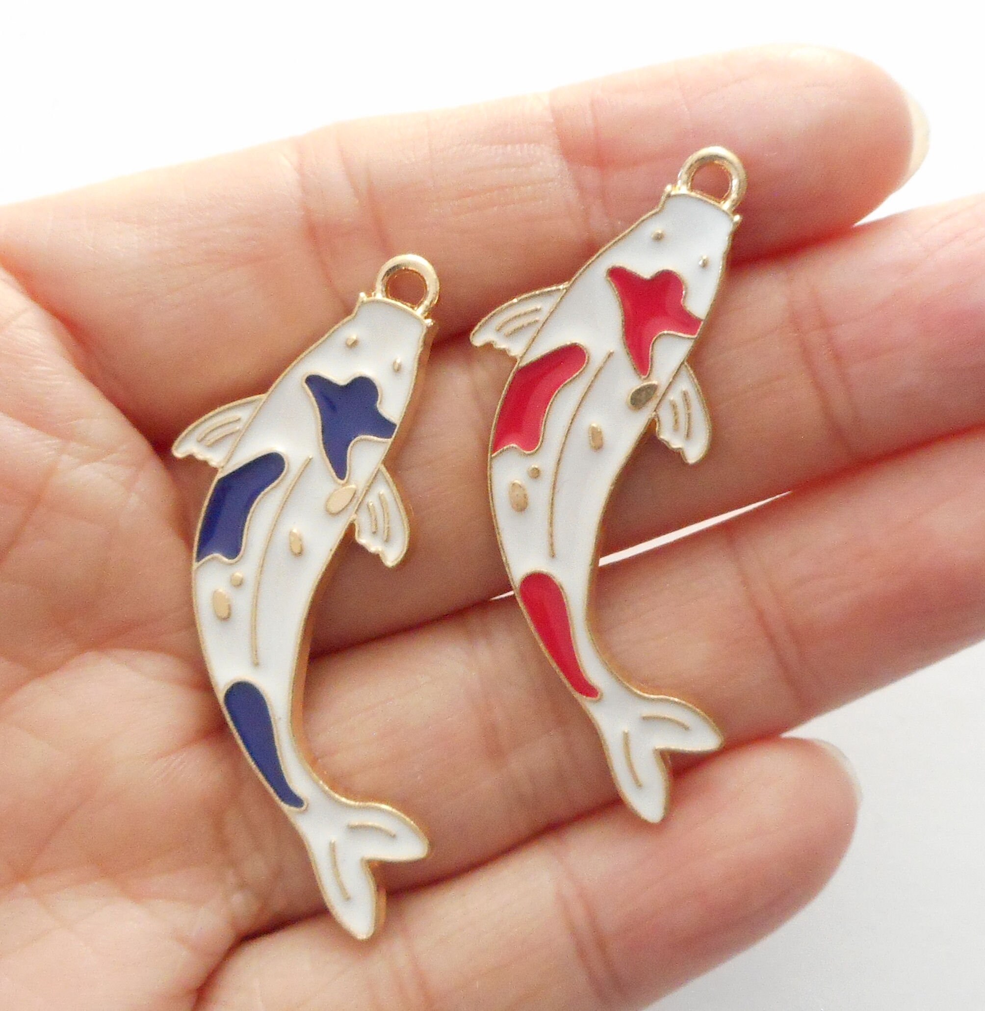 4pcs-gold Tone Enamel Blue White Koi Fish Charm, Lucky Charm, Fish
