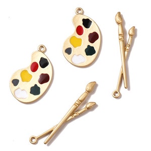 1set,2pcs-gold tone enamel artist palette charm,brush pen charm