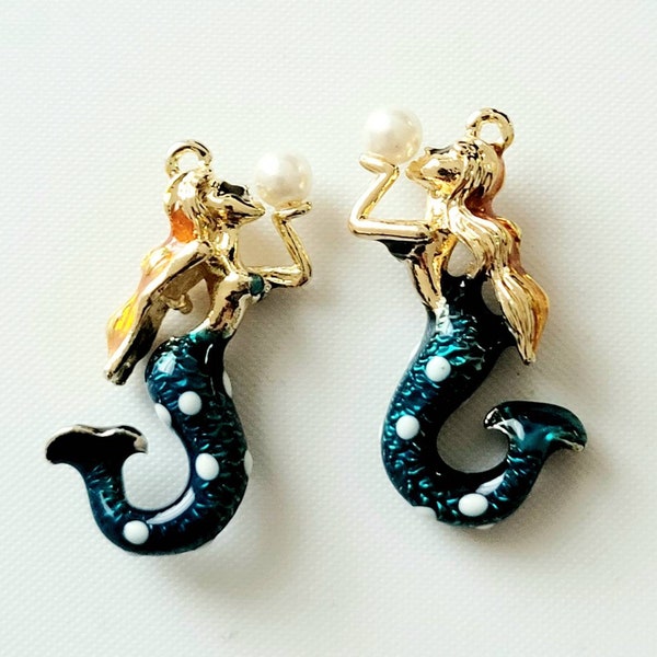 2pcs-3D gold tone enamel Blue Mermaid charm w/ faux pearl, Mermaid pendant-red color available