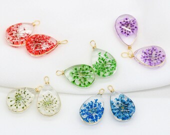 2pcs-Glass teardrop with dried flowers,hand wrap w/ gold tone wire-pick the color