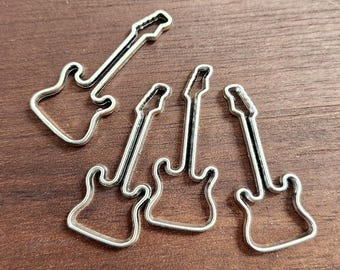 Silver Tone Electric Guitar Charms, Open Frame Hollow Silhouette for Jewelry Making Supplies, Music Lover Pendant, Rock Charm-2pcs
