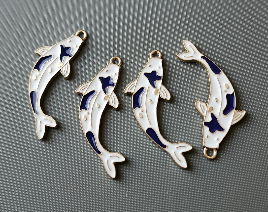 チャーム koi 4pcs-gold Tone Enamel Blue White Koi Fish Charm, Lucky Charm, Fish