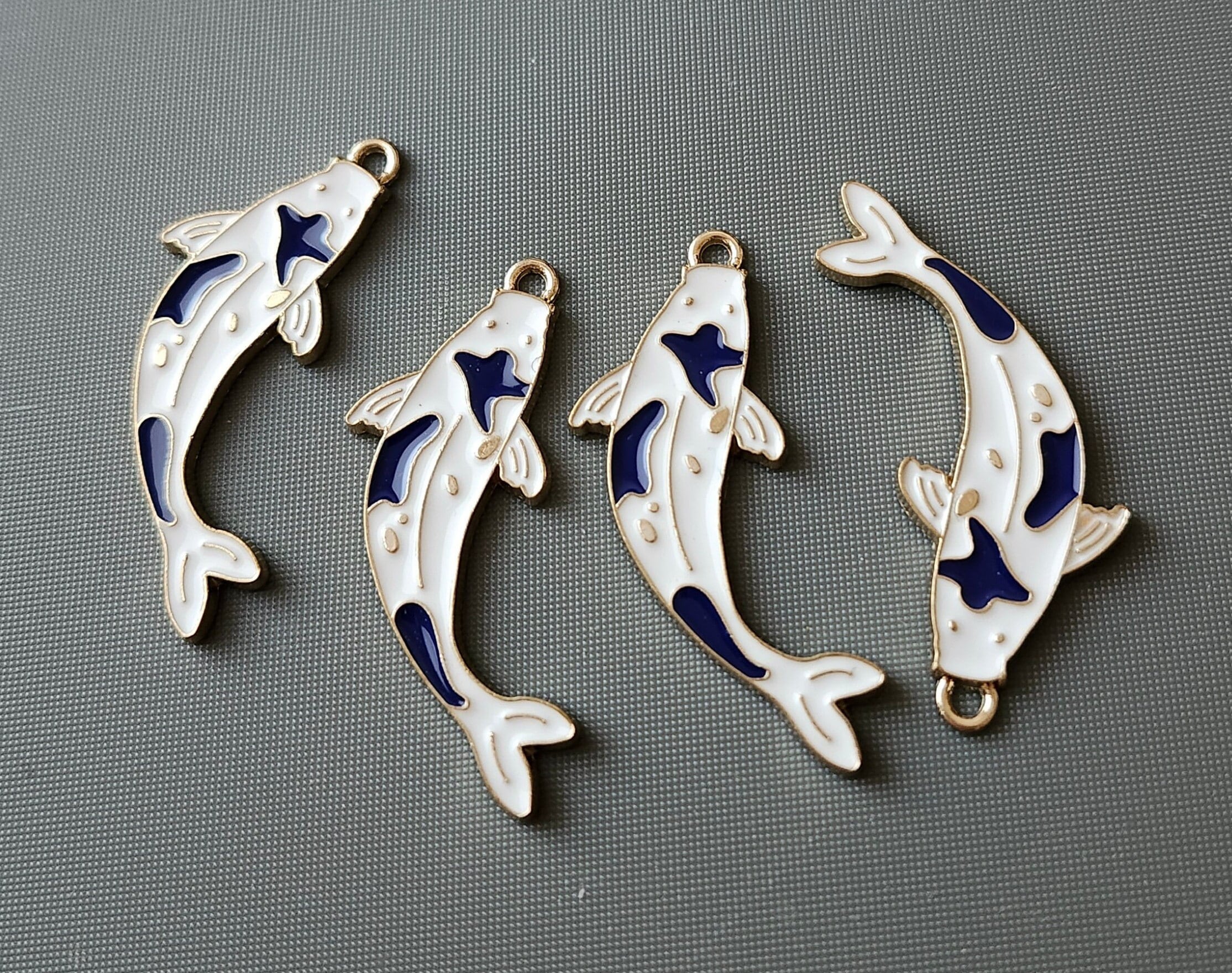 4pcs-gold Tone Enamel Blue White Koi Fish Charm, Lucky Charm, Fish