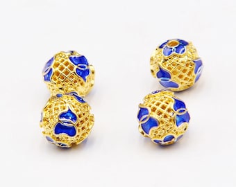 2pcs -10mmX10mm filigree gold & blue Cloisonne beads for jewelry making, weighty space beads