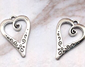 6pcs-1" filigree heart charm-silver tone heart charm