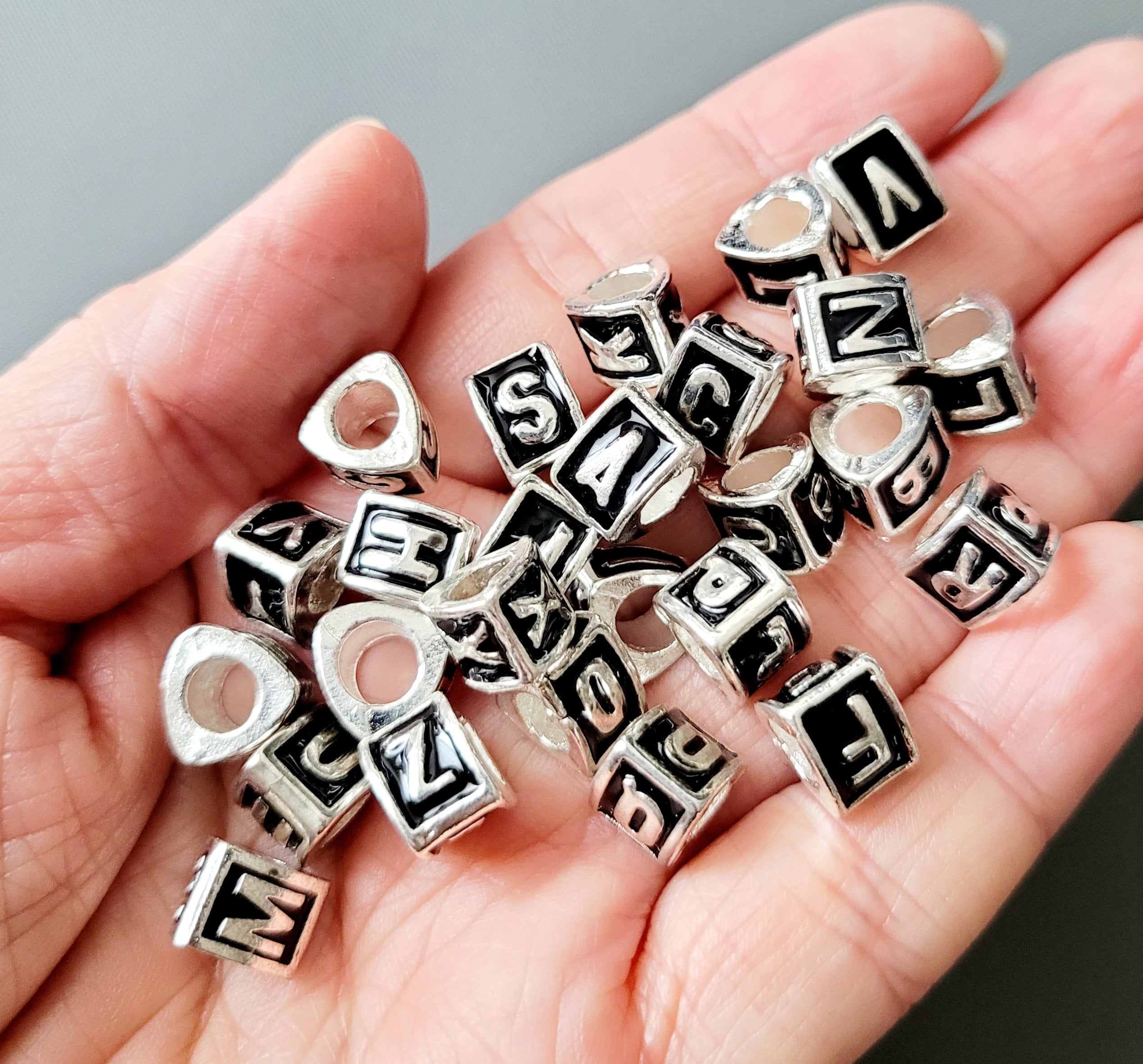 Pick Letter-26 Alphabet Letters-3 Sides Antique Silver Charm beads,big Hole Metal Beads