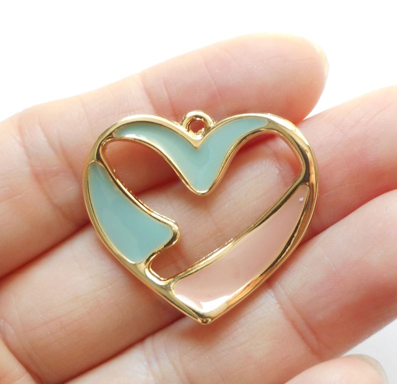 2pcs-30mmX26mm gold tone enamel yellow green abstract heart charm