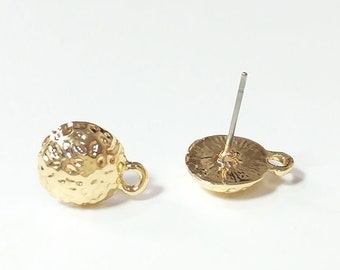 4pcs, 2 Pairs Gold plated Earring Post with 1 loop 10mm hammered botton-silver available