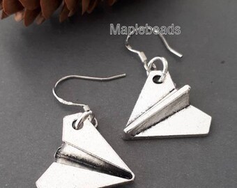 Silver Origami plane charm dangling sterling silver hooks earrings